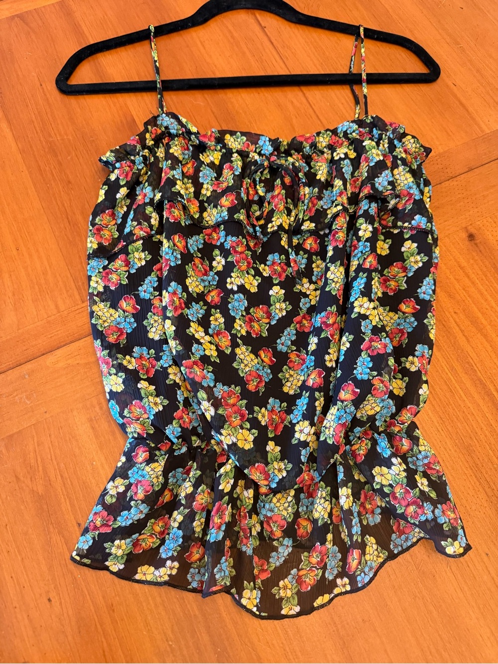 bloom Black Floral Smocked Peplum Cami with Red, Yellow & Blue Flowers